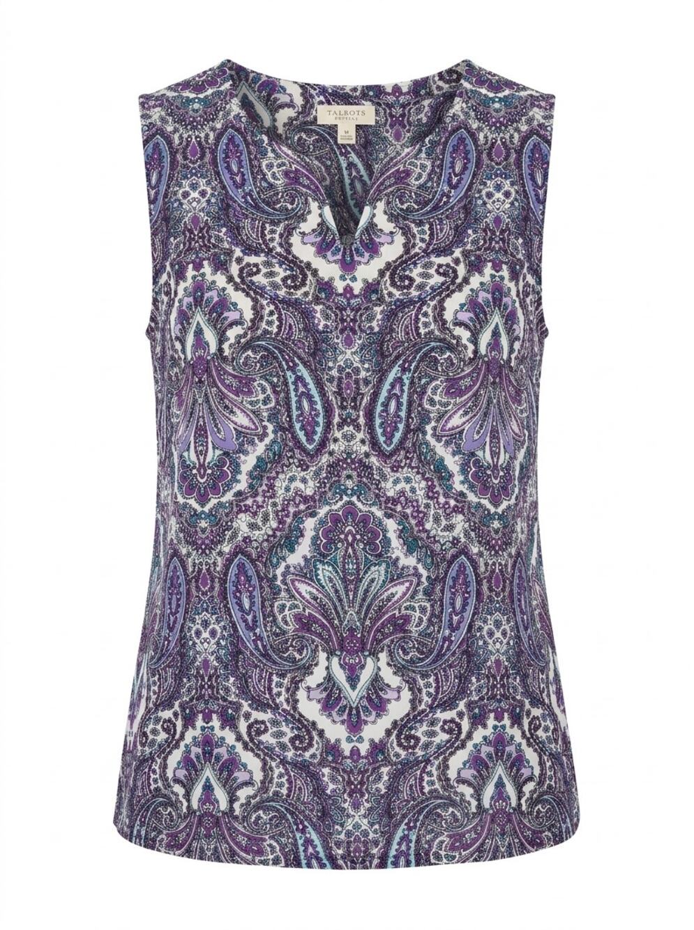 Talbots Purple Paisley Sleeveless Split Neck Blouse Top Women Petite Size P
